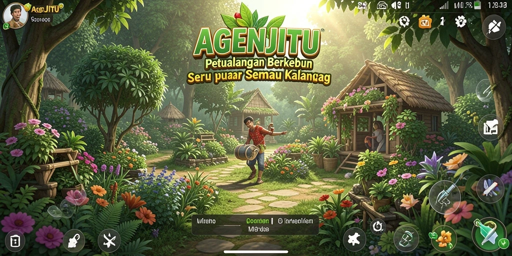 Tampilan gameplay menarik di AGENJITU dengan kebun yang subur.