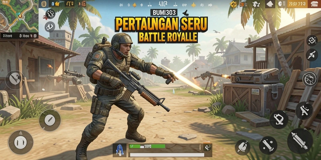 Screenshot gameplay BUMI303 dengan pertarungan seru di arena Battle Royale.