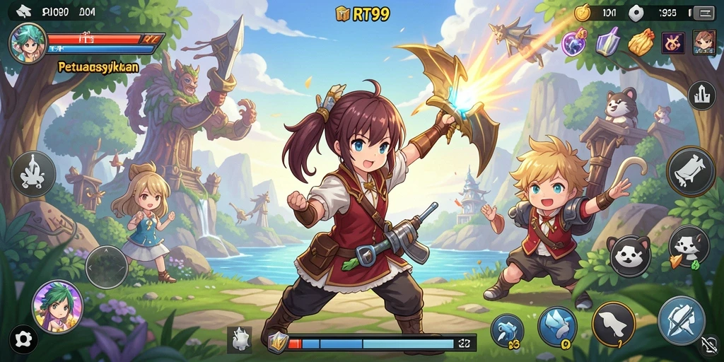 Screenshot RT99 menampilkan pertarungan karakter anime yang seru.